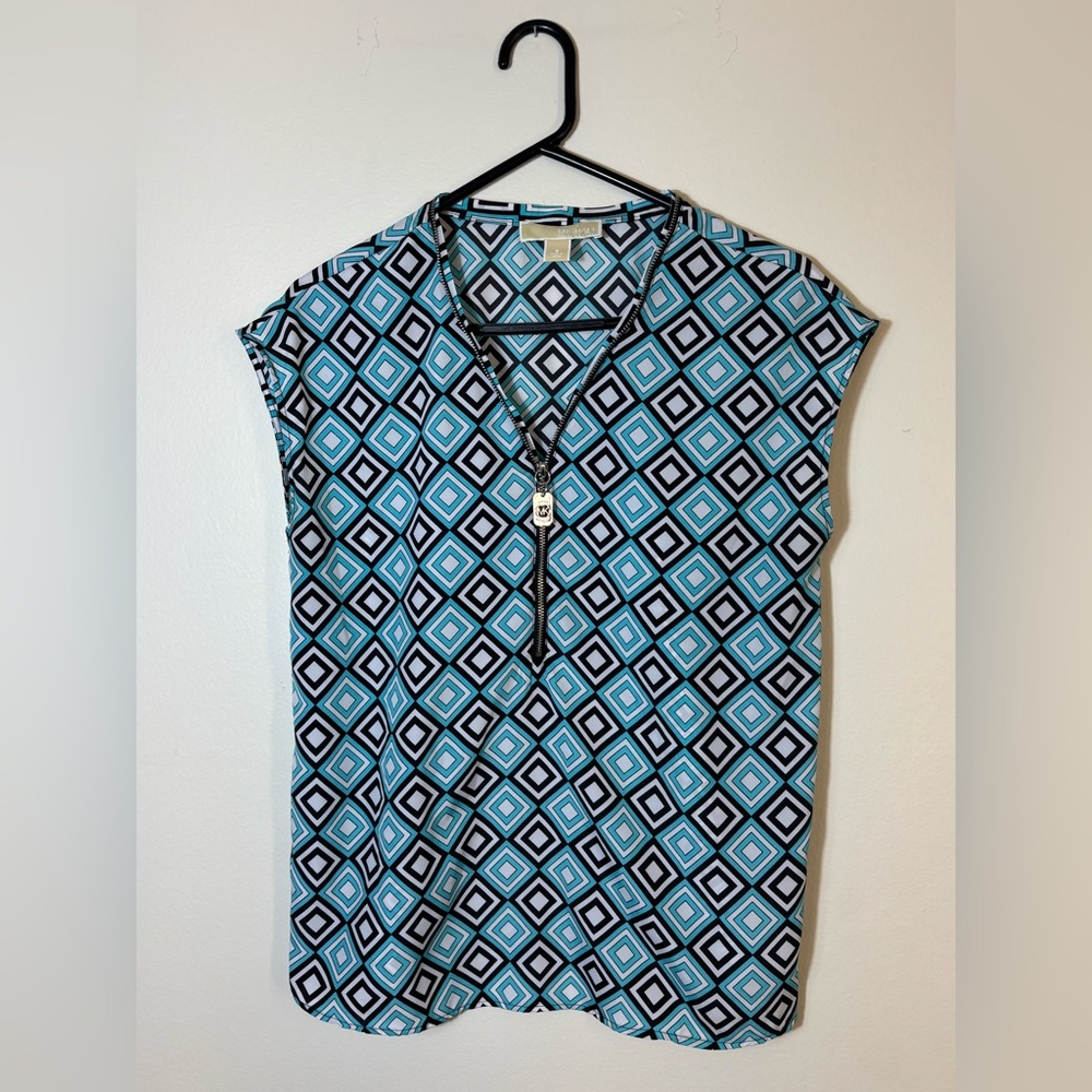 Michael Kors Women's Blue Black White Geometric Zip V-Neck Blouse Size S